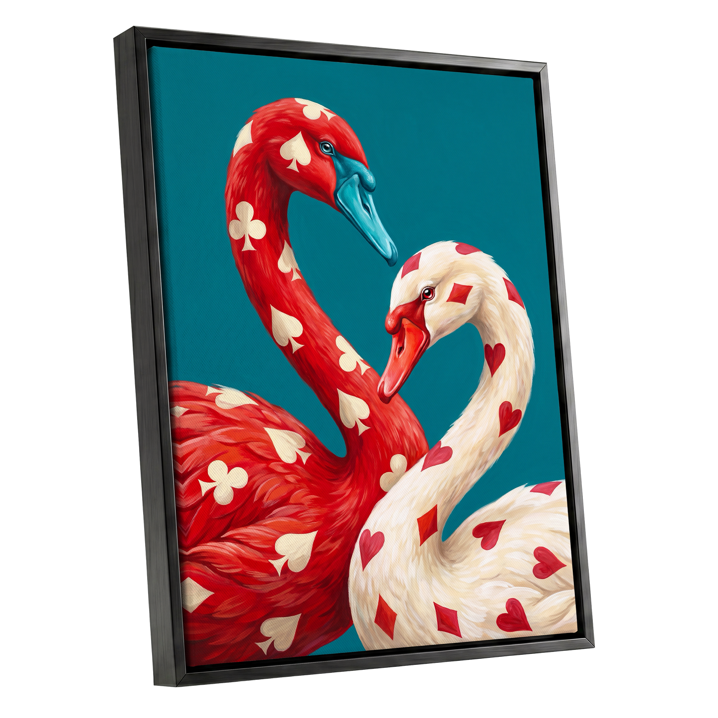 Suit and Plumage, red, white, blue nature wall art shown as a black framed canvas wall art