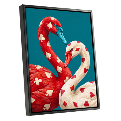 Suit and Plumage, red, white, blue nature wall art shown as a black framed canvas wall art