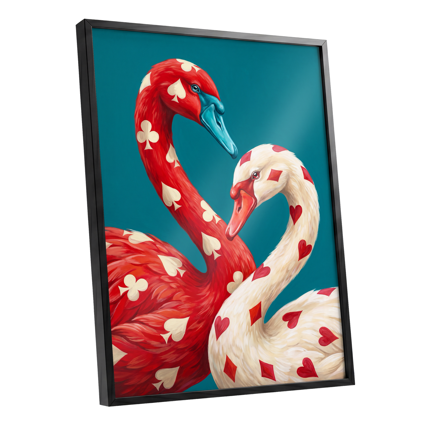 Suit and Plumage, red, white, blue nature wall art shown as a black framed poster wall art print