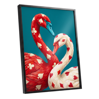 Suit and Plumage, red, white, blue nature wall art shown as a black framed poster wall art print