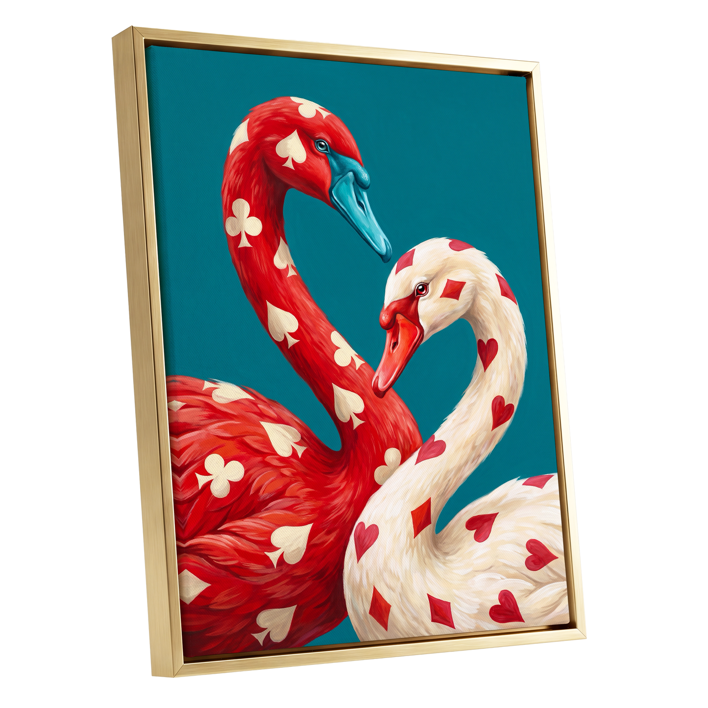 Suit and Plumage, red, white, blue nature wall art shown as a gold framed canvas wall art
