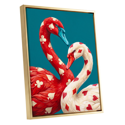 Suit and Plumage, red, white, blue nature wall art shown as a gold framed canvas wall art