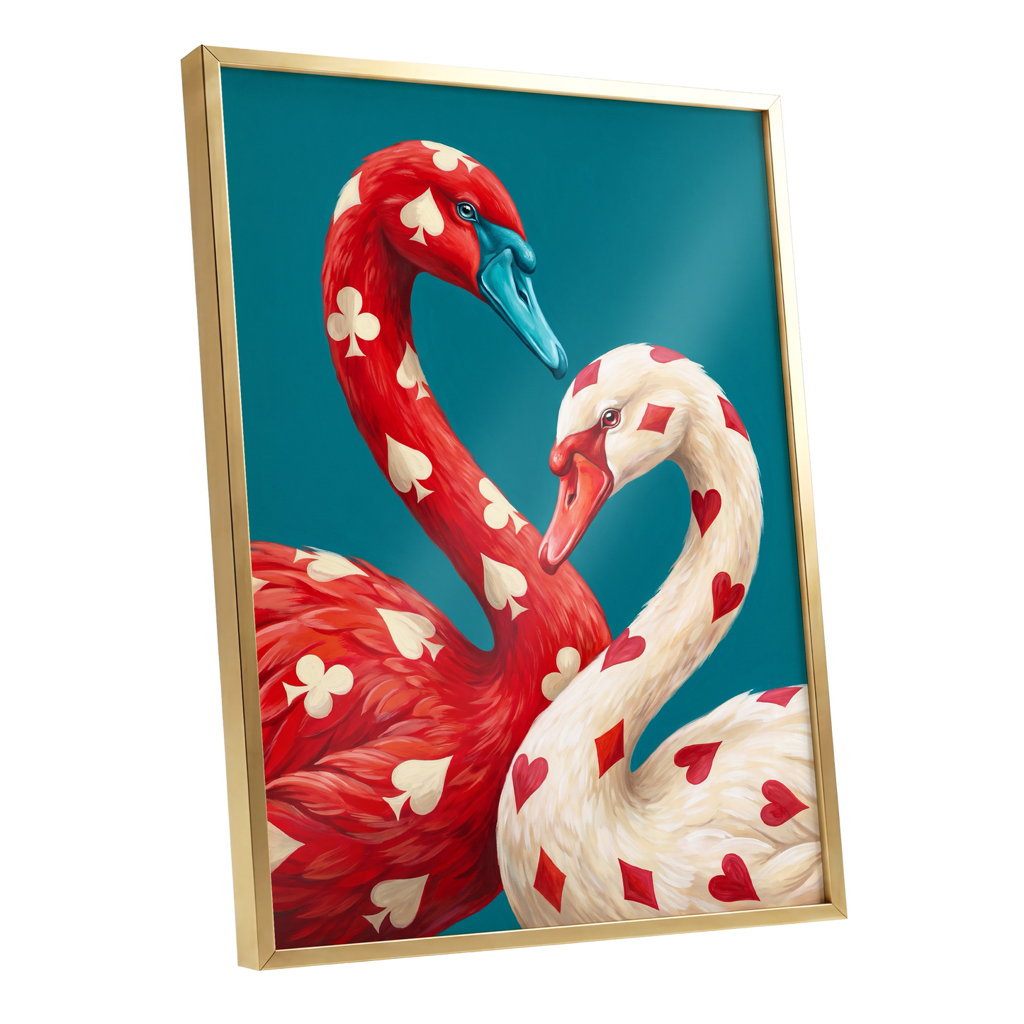 Suit and Plumage, red, white, blue nature wall art shown as a gold framed poster wall art print