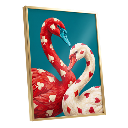 Suit and Plumage, red, white, blue nature wall art shown as a gold framed poster wall art print