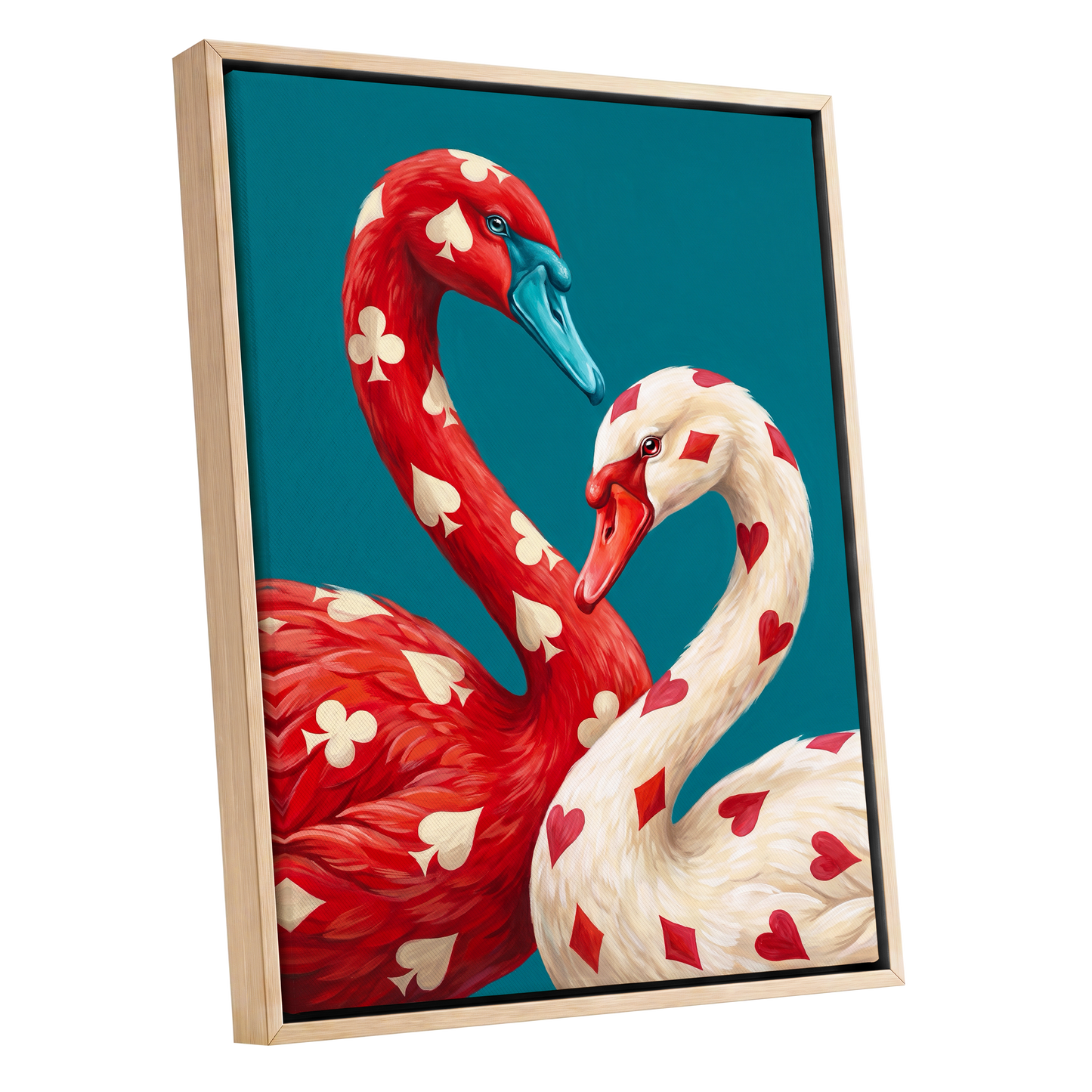 Suit and Plumage, red, white, blue nature wall art shown as a oak framed canvas wall art