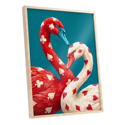 Suit and Plumage, red, white, blue nature wall art shown as a oak framed poster wall art print