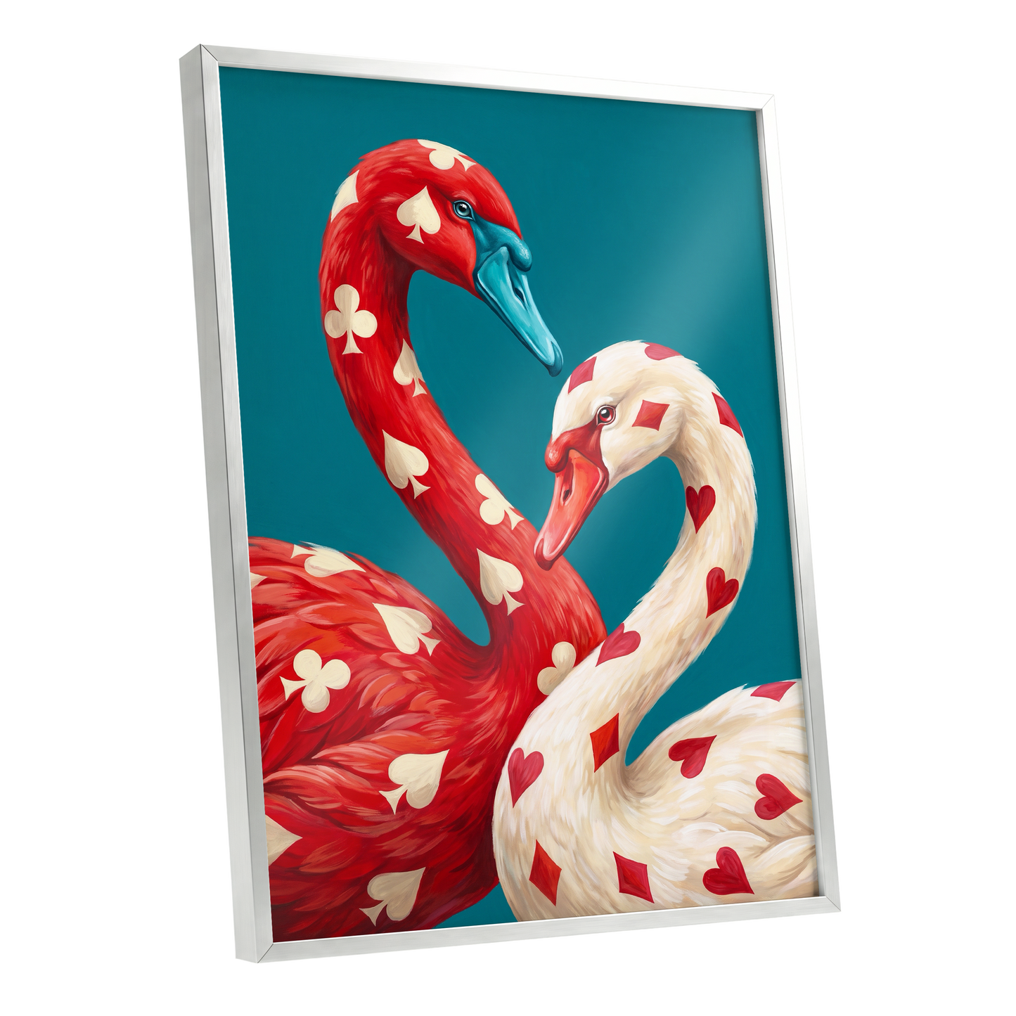 Suit and Plumage, red, white, blue nature wall art shown as a silver framed poster wall art print