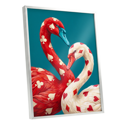 Suit and Plumage, red, white, blue nature wall art shown as a silver framed poster wall art print