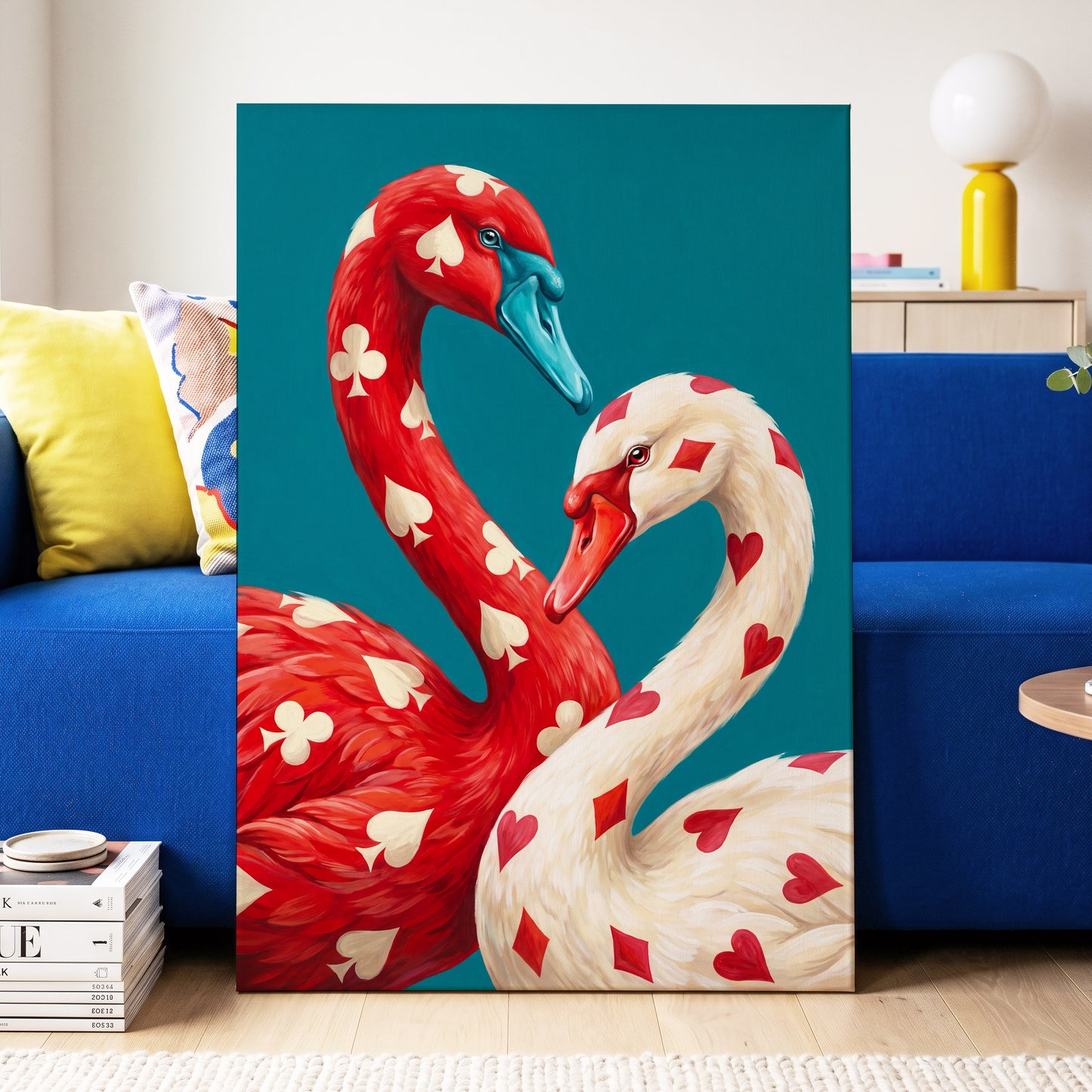 Suit and Plumage, red, white, blue nature wall art displayed in a styled interior, gallery view 3