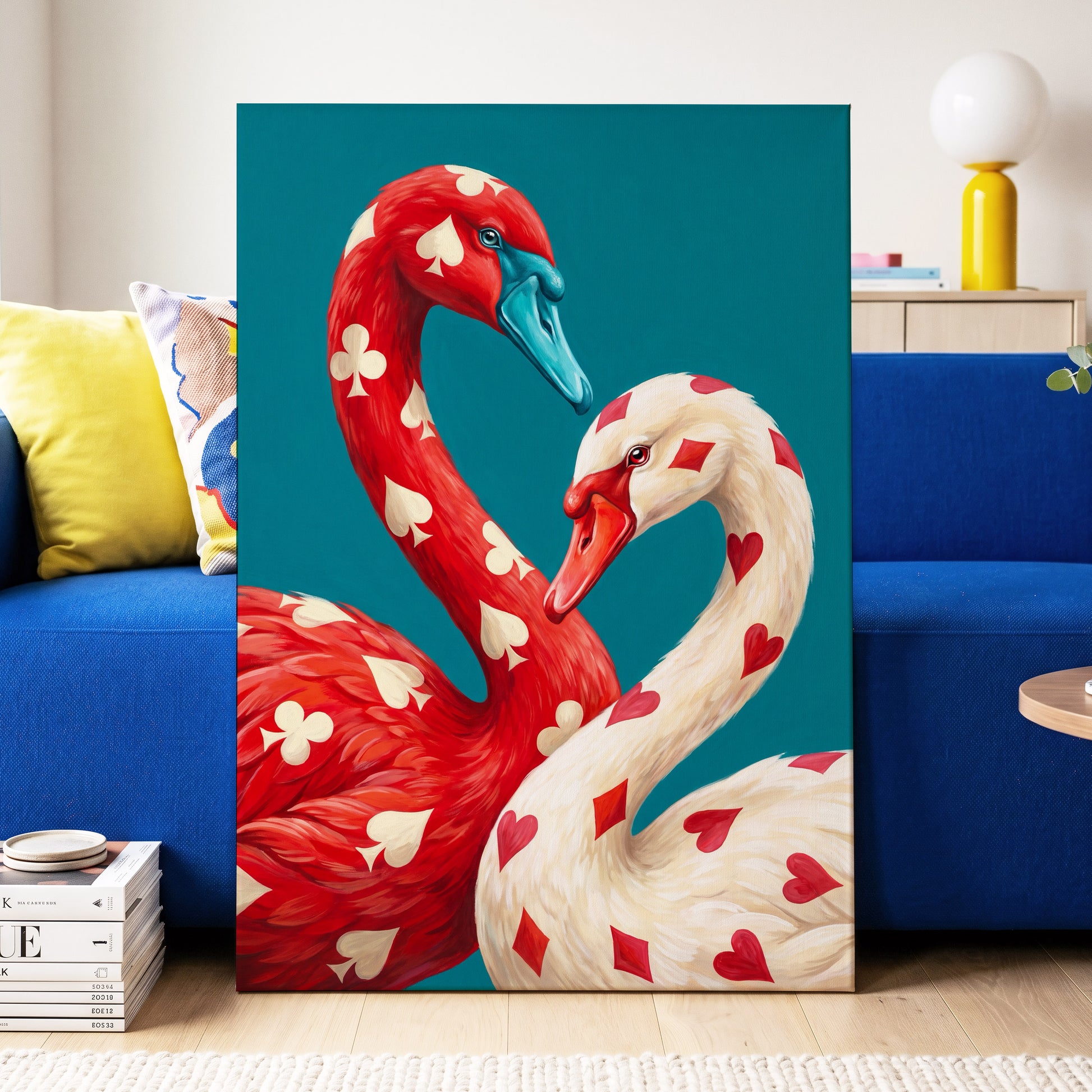 Suit and Plumage, red, white, blue nature wall art displayed in a styled interior, gallery view 3