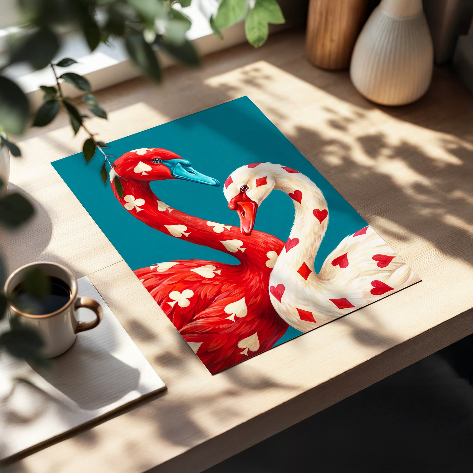 Suit and Plumage, red, white, blue nature wall art displayed in a styled interior, gallery view 5