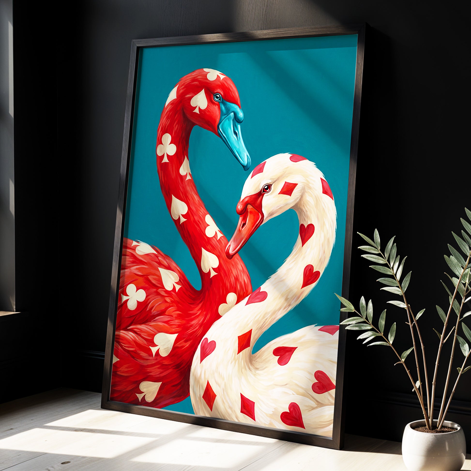 Suit and Plumage, red, white, blue nature wall art displayed in a styled interior, gallery view 6