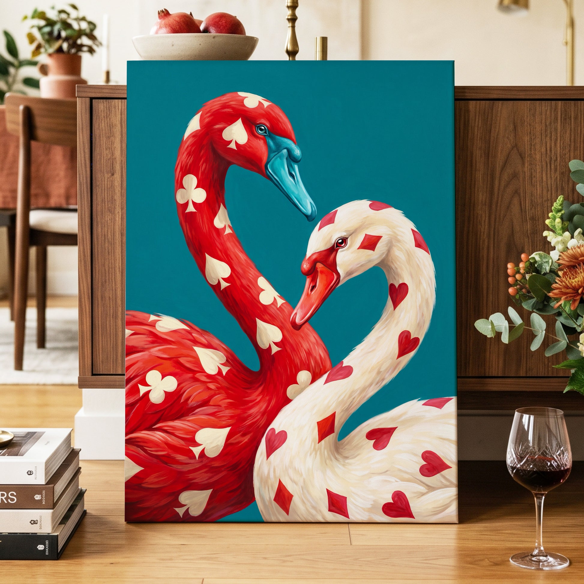 Suit and Plumage, red, white, blue nature wall art displayed in a styled interior, gallery view 7