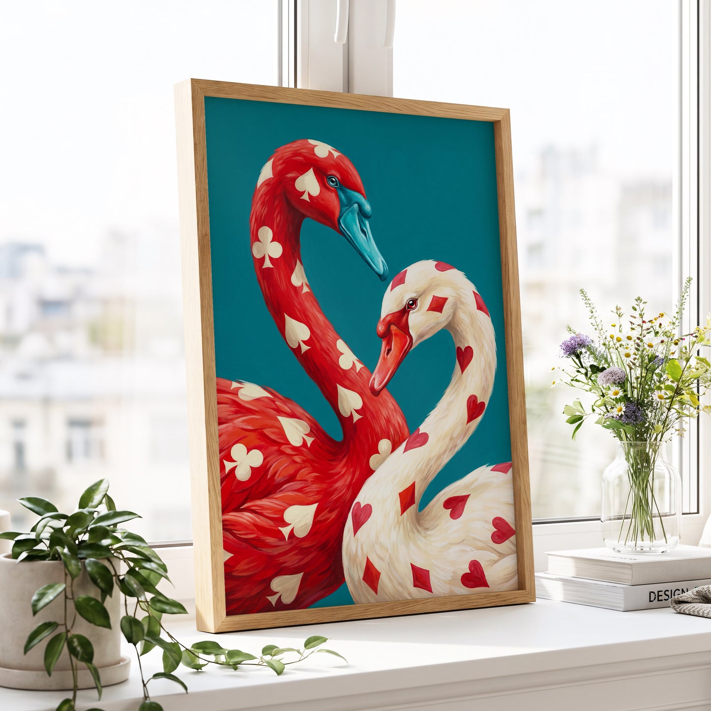 Suit and Plumage, red, white, blue nature wall art displayed in a styled interior, gallery view 9