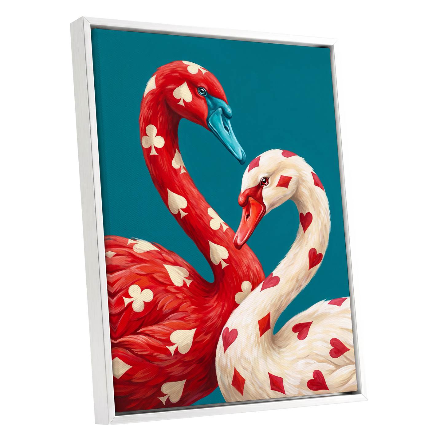 Suit and Plumage, red, white, blue nature wall art shown as a white framed canvas wall art