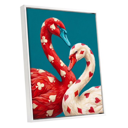 Suit and Plumage, red, white, blue nature wall art shown as a white framed canvas wall art