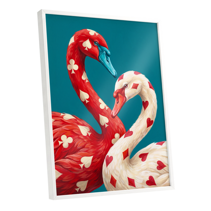 Suit and Plumage, red, white, blue nature wall art shown as a white framed poster wall art print
