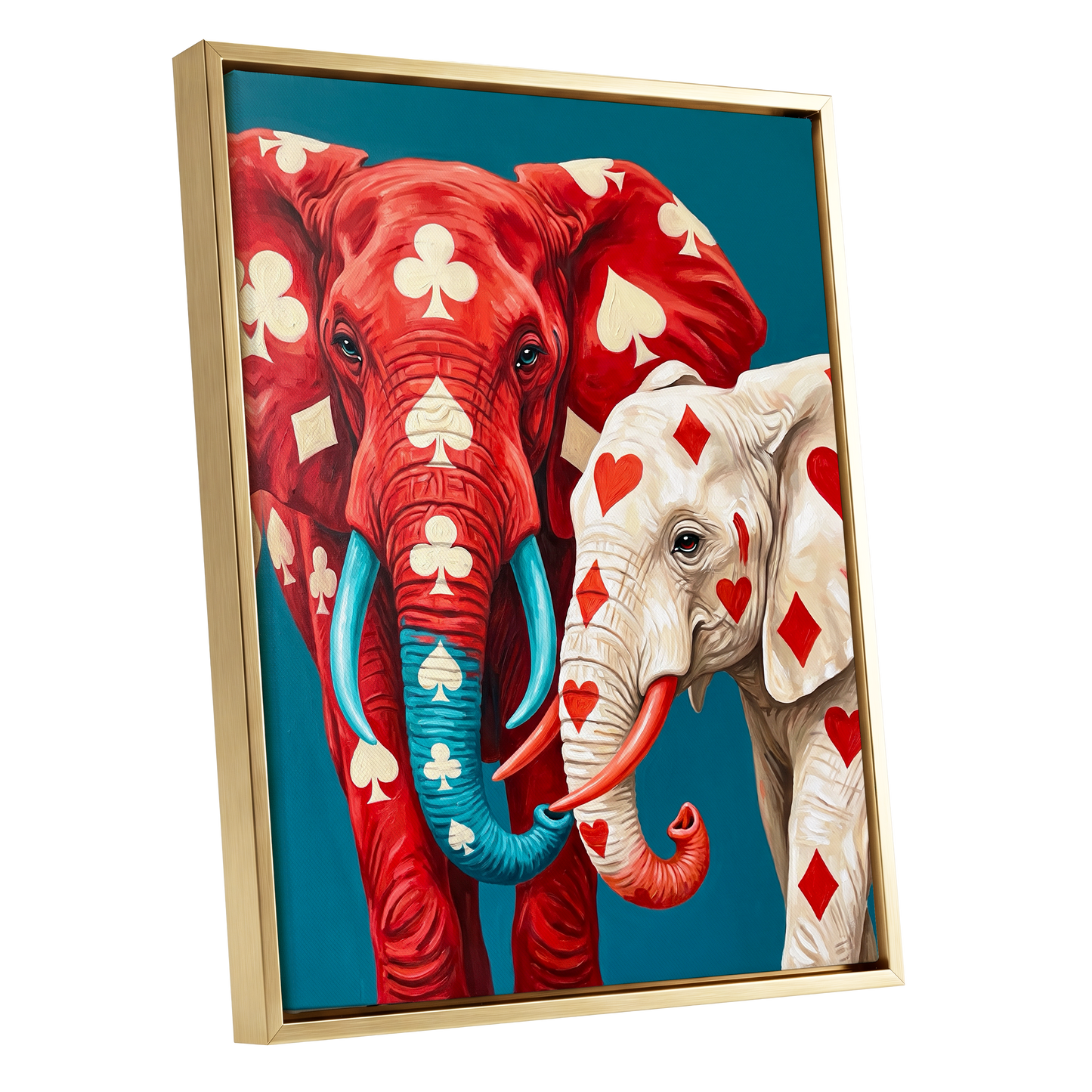 Suitably Wild, red, blue, white nature wall art shown as a gold framed canvas wall art
