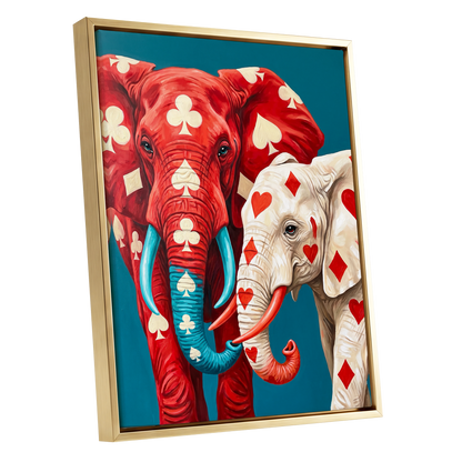Suitably Wild, red, blue, white nature wall art shown as a gold framed canvas wall art