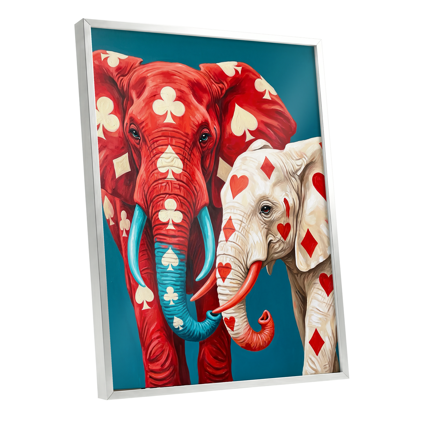 Suitably Wild, red, blue, white nature wall art shown as a silver framed poster wall art print