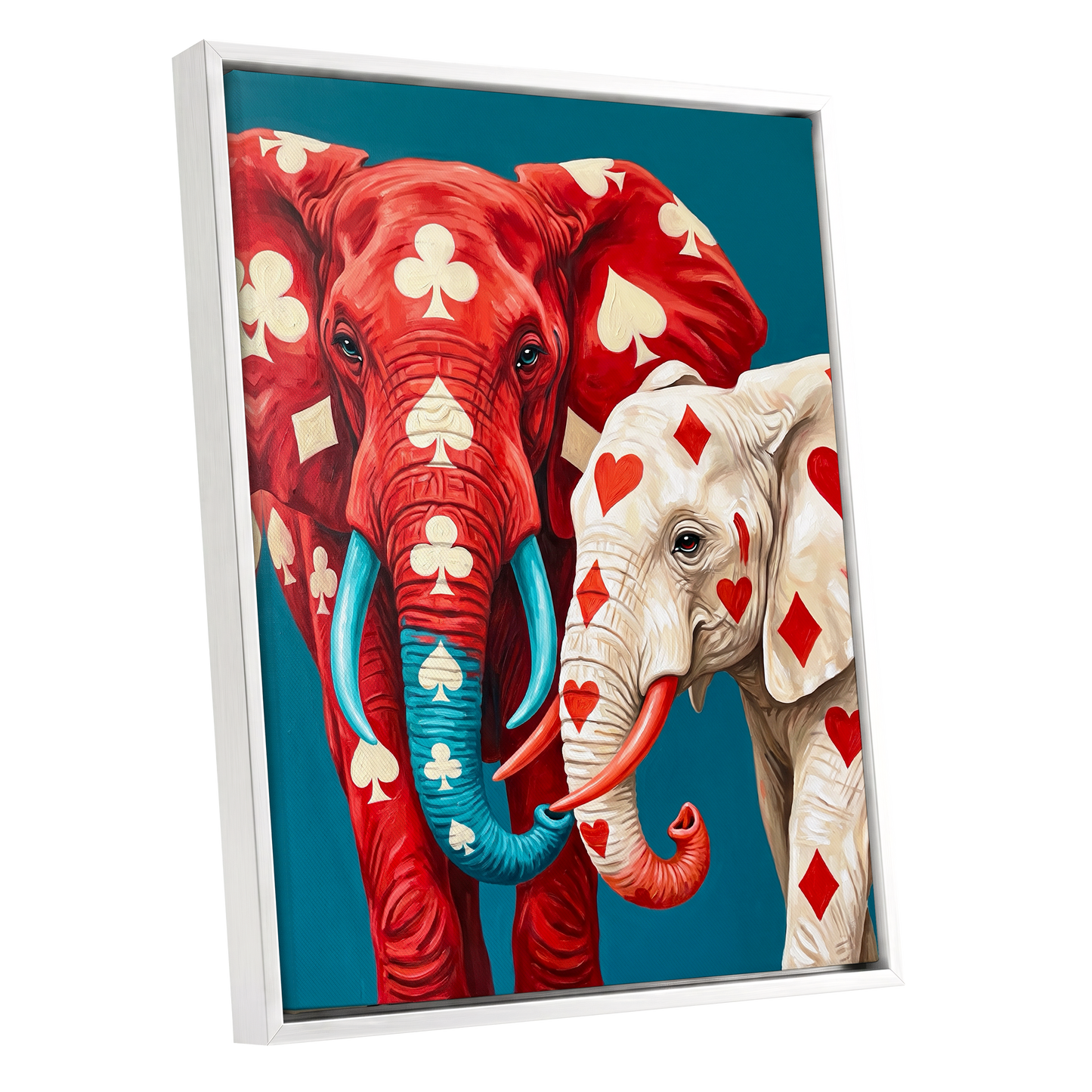 Suitably Wild, red, blue, white nature wall art shown as a white framed canvas wall art