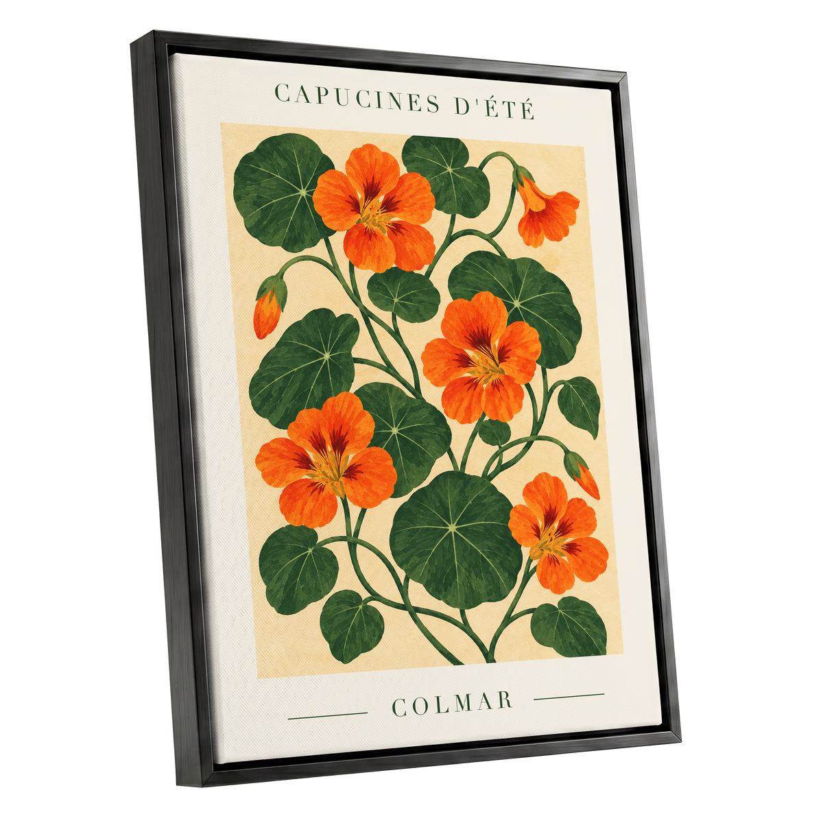 Summer Nasturtiums, orange, green, beige floral wall art shown as a black framed canvas wall art