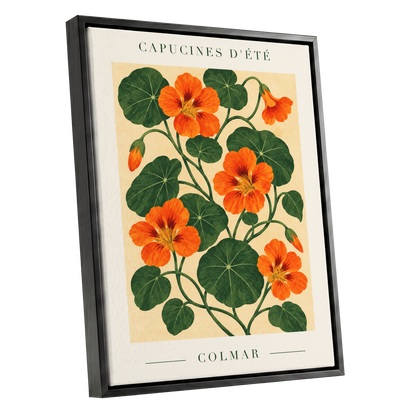 Summer Nasturtiums, orange, green, beige floral wall art shown as a black framed canvas wall art