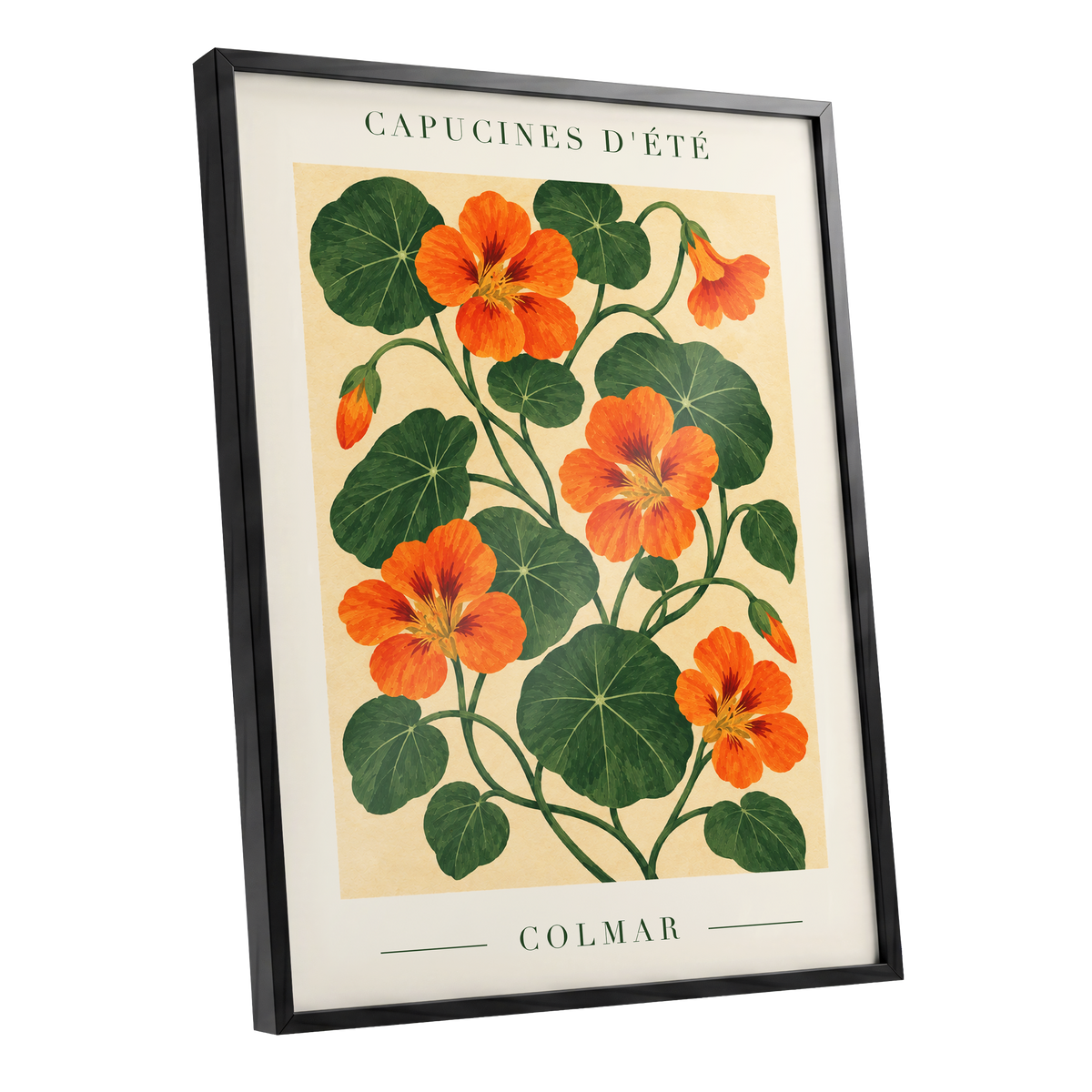Summer Nasturtiums, orange, green, beige floral wall art shown as a black framed poster wall art print