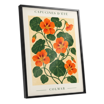 Summer Nasturtiums, orange, green, beige floral wall art shown as a black framed poster wall art print