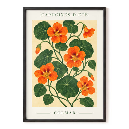 Summer Nasturtiums, orange, green, beige floral wall art, front artwork view