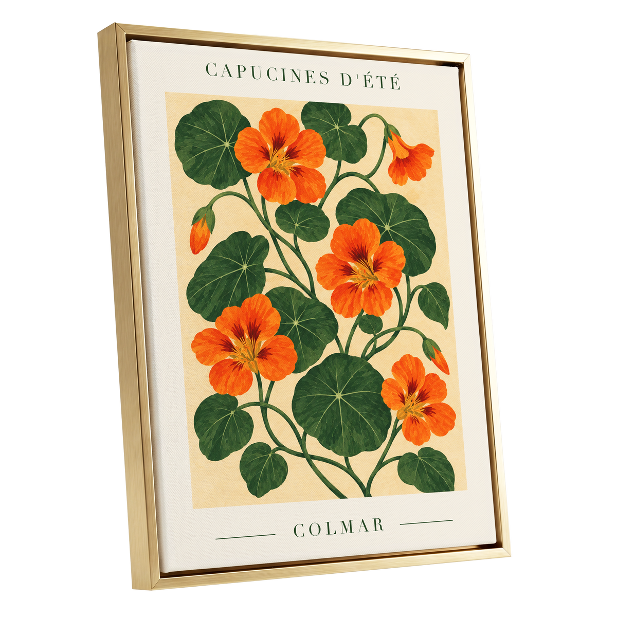 Summer Nasturtiums, orange, green, beige floral wall art shown as a gold framed canvas wall art
