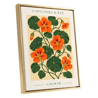 Summer Nasturtiums, orange, green, beige floral wall art shown as a gold framed canvas wall art