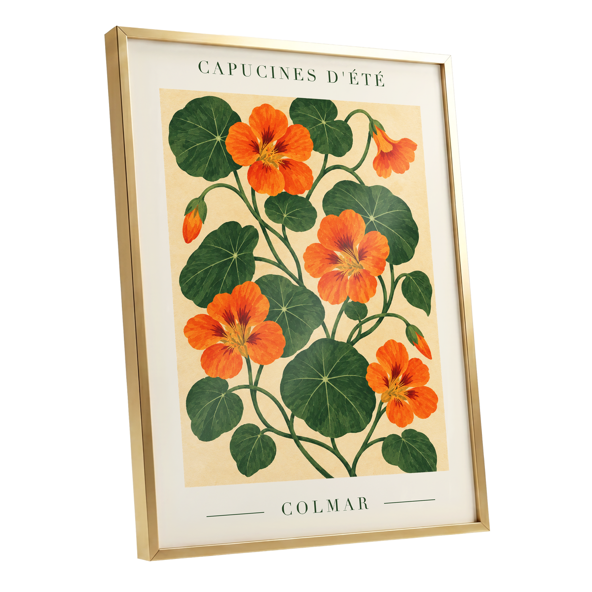 Summer Nasturtiums, orange, green, beige floral wall art shown as a gold framed poster wall art print
