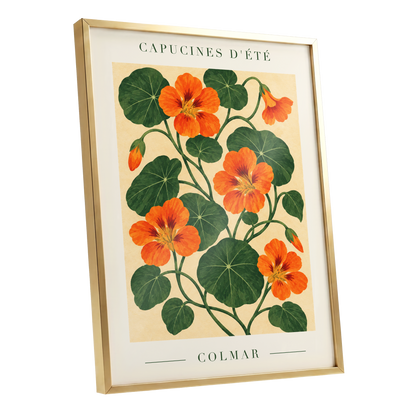Summer Nasturtiums, orange, green, beige floral wall art shown as a gold framed poster wall art print