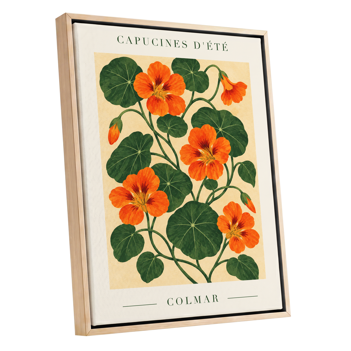 Summer Nasturtiums, orange, green, beige floral wall art shown as a oak framed canvas wall art