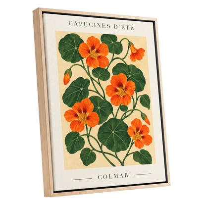 Summer Nasturtiums, orange, green, beige floral wall art shown as a oak framed canvas wall art