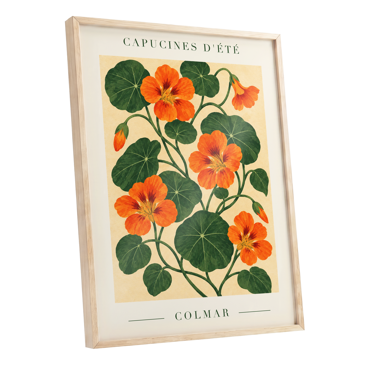 Summer Nasturtiums, orange, green, beige floral wall art shown as a oak framed poster wall art print
