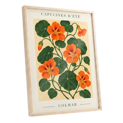 Summer Nasturtiums, orange, green, beige floral wall art shown as a oak framed poster wall art print