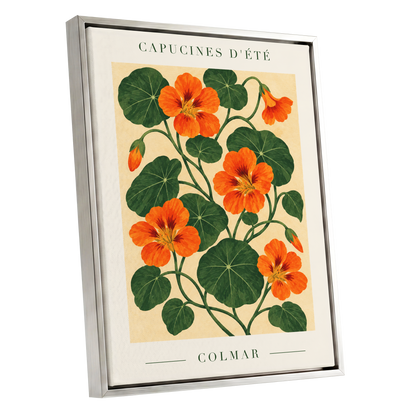 Summer Nasturtiums, orange, green, beige floral wall art shown as a silver framed canvas wall art