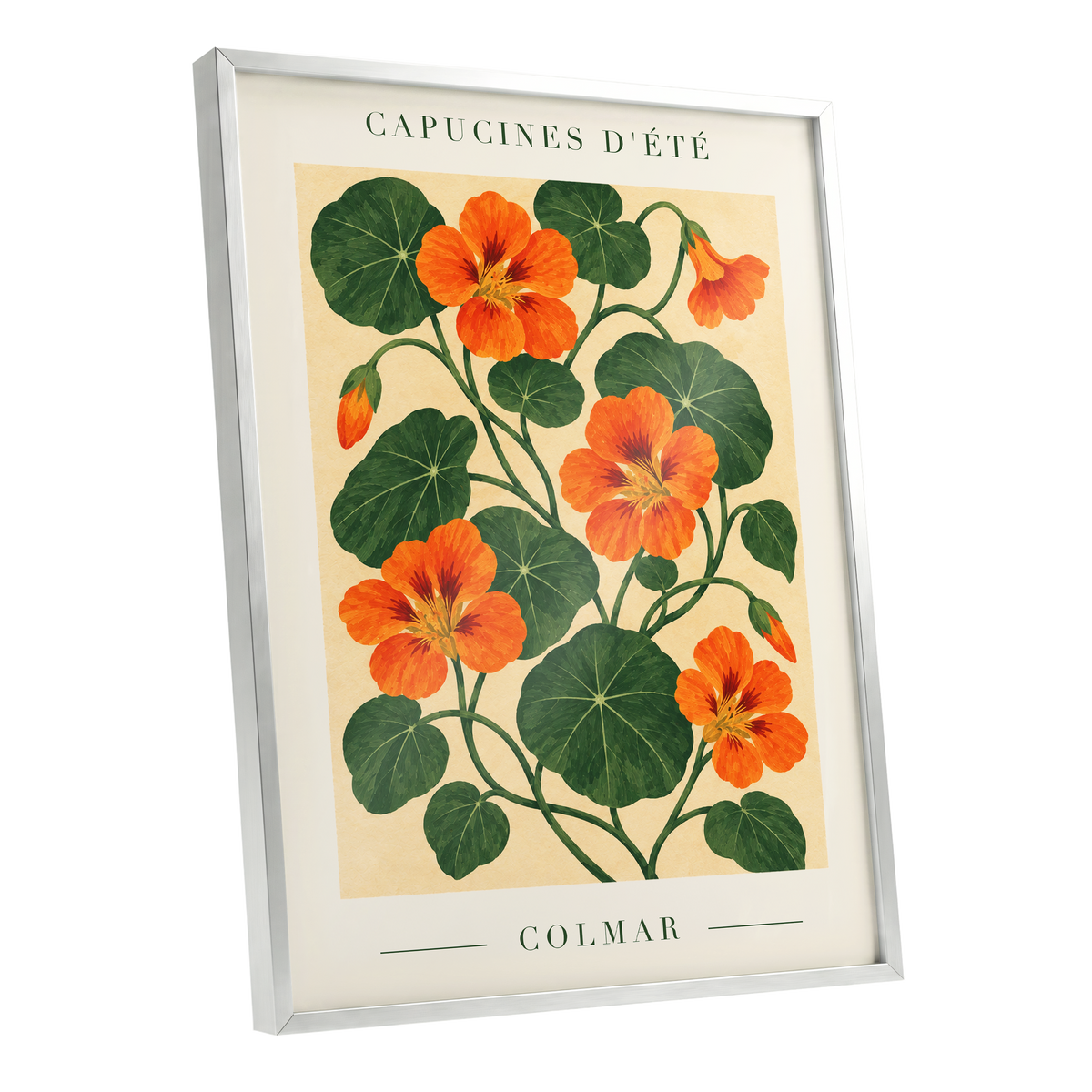 Summer Nasturtiums, orange, green, beige floral wall art shown as a silver framed poster wall art print
