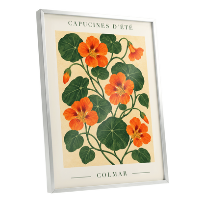 Summer Nasturtiums, orange, green, beige floral wall art shown as a silver framed poster wall art print