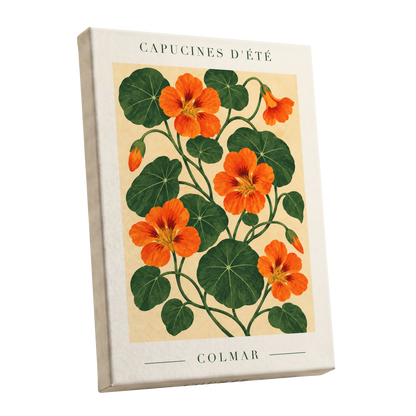 Summer Nasturtiums, orange, green, beige floral wall art shown as a stretched canvas wall art