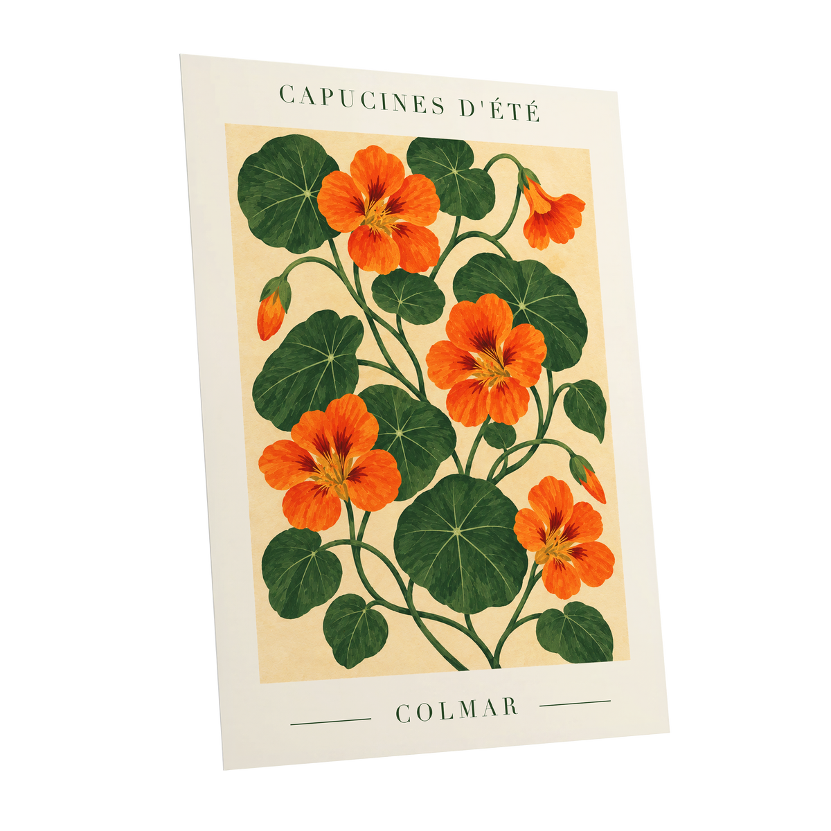 Summer Nasturtiums, orange, green, beige floral wall art shown as a unframed poster wall art print