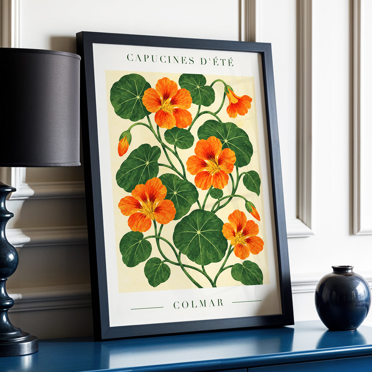 Summer Nasturtiums, orange, green, beige floral wall art displayed in a styled interior, gallery view 2