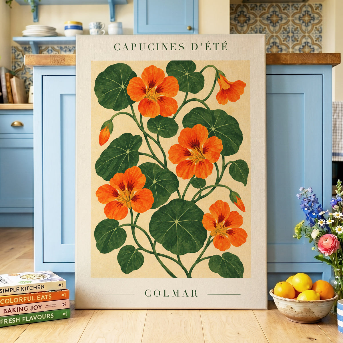 Summer Nasturtiums, orange, green, beige floral wall art displayed in a styled interior, gallery view 3