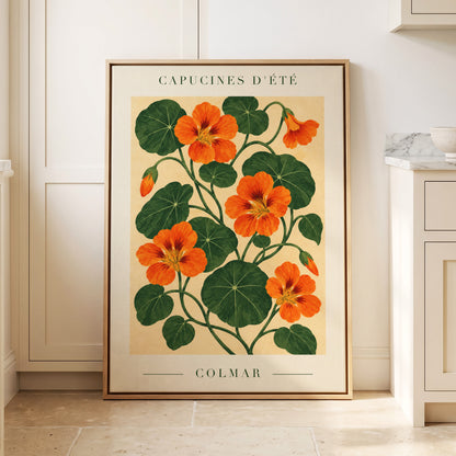 Summer Nasturtiums, orange, green, beige floral wall art displayed in a styled interior, gallery view 4