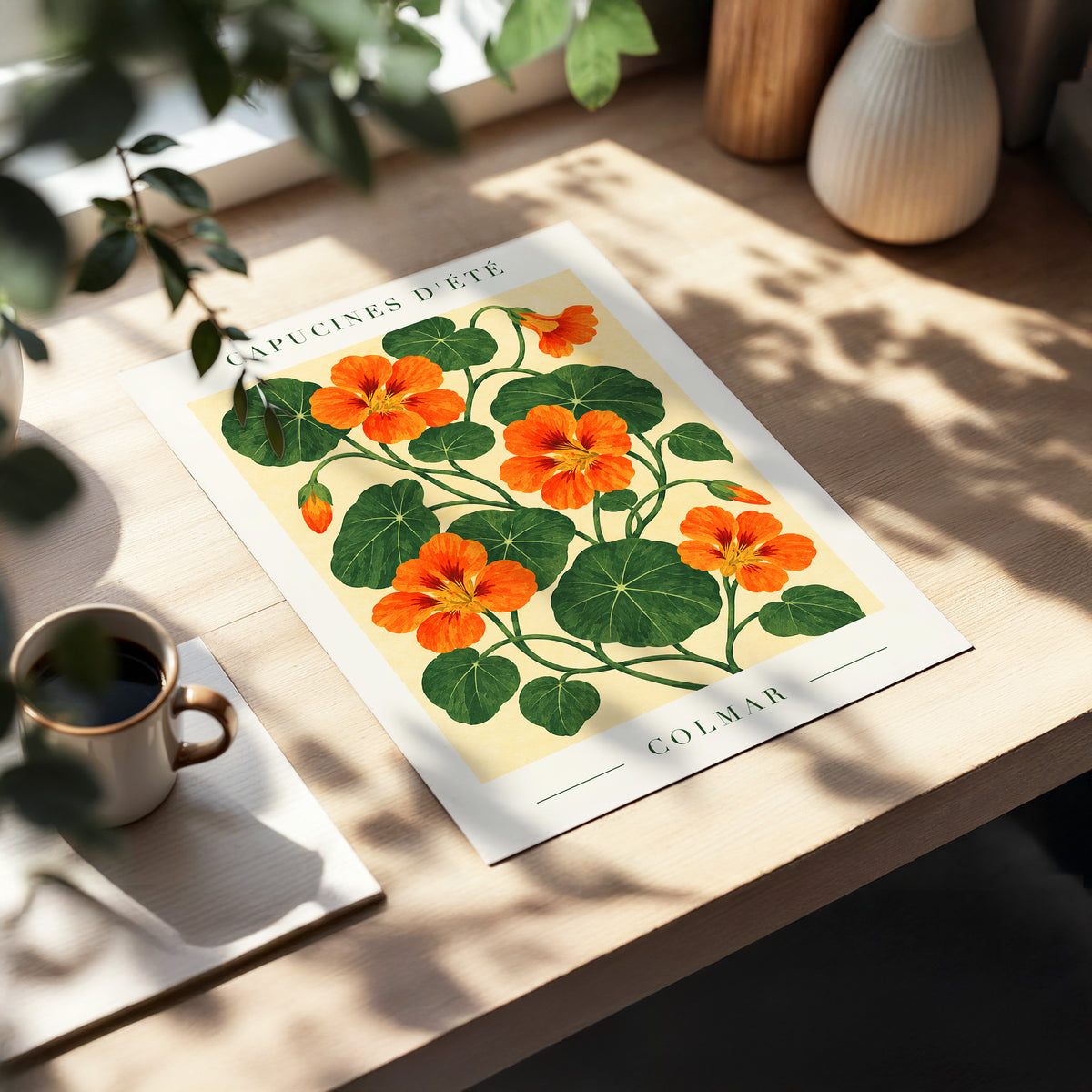 Summer Nasturtiums, orange, green, beige floral wall art displayed in a styled interior, gallery view 5