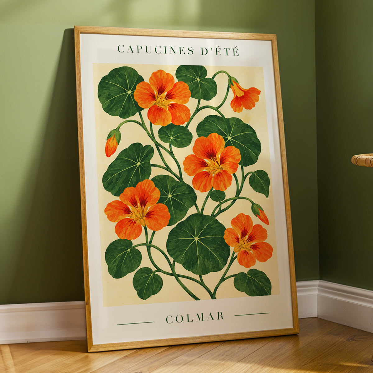 Summer Nasturtiums, orange, green, beige floral wall art displayed in a styled interior, gallery view 6
