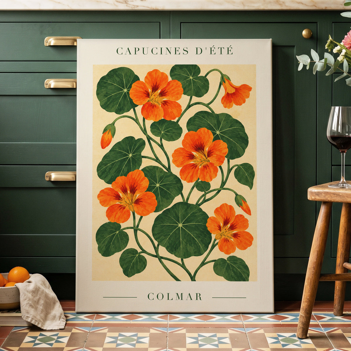 Summer Nasturtiums, orange, green, beige floral wall art displayed in a styled interior, gallery view 7