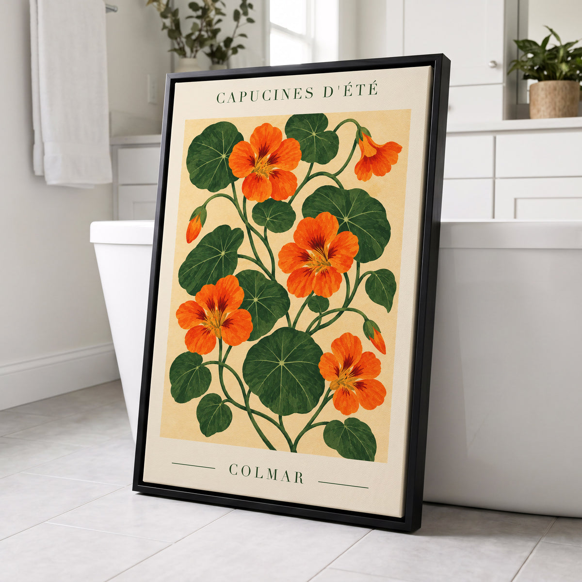 Summer Nasturtiums, orange, green, beige floral wall art displayed in a styled interior, gallery view 8